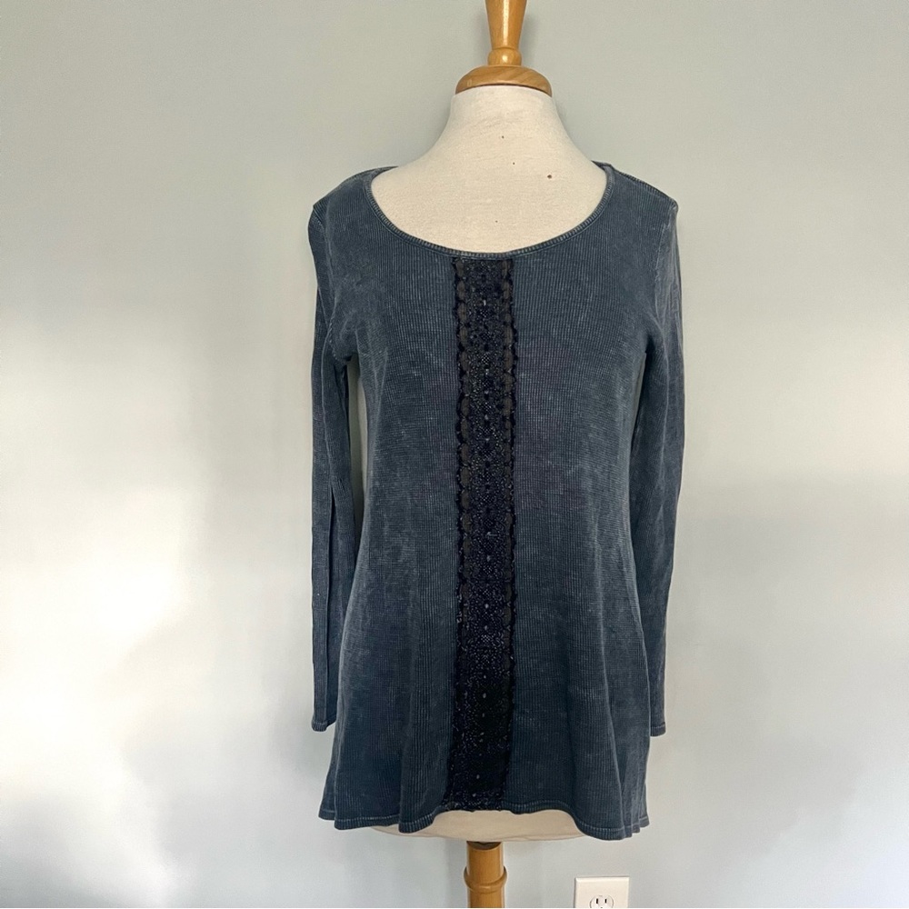 Chatoyant Blue Sponge Knit Longsleeve Blouse Top Shirt Size M